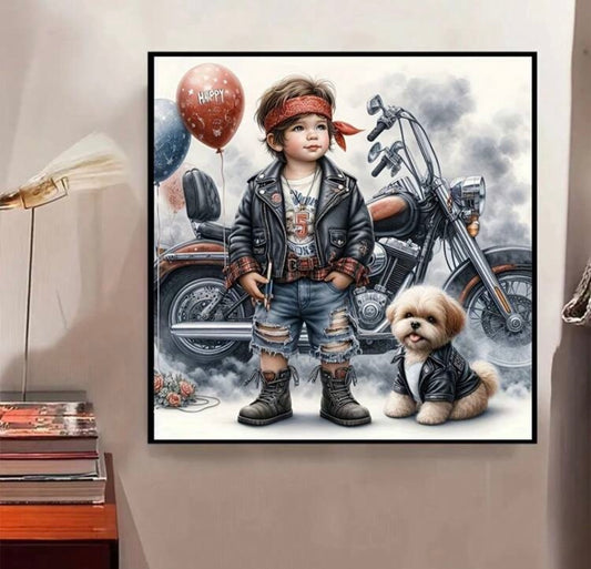 Boy with moto and dog diamond painting kit