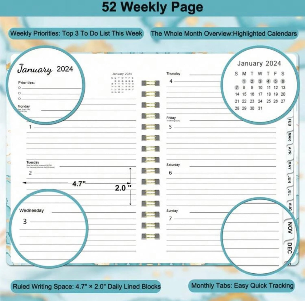 Weekly planner with tabs